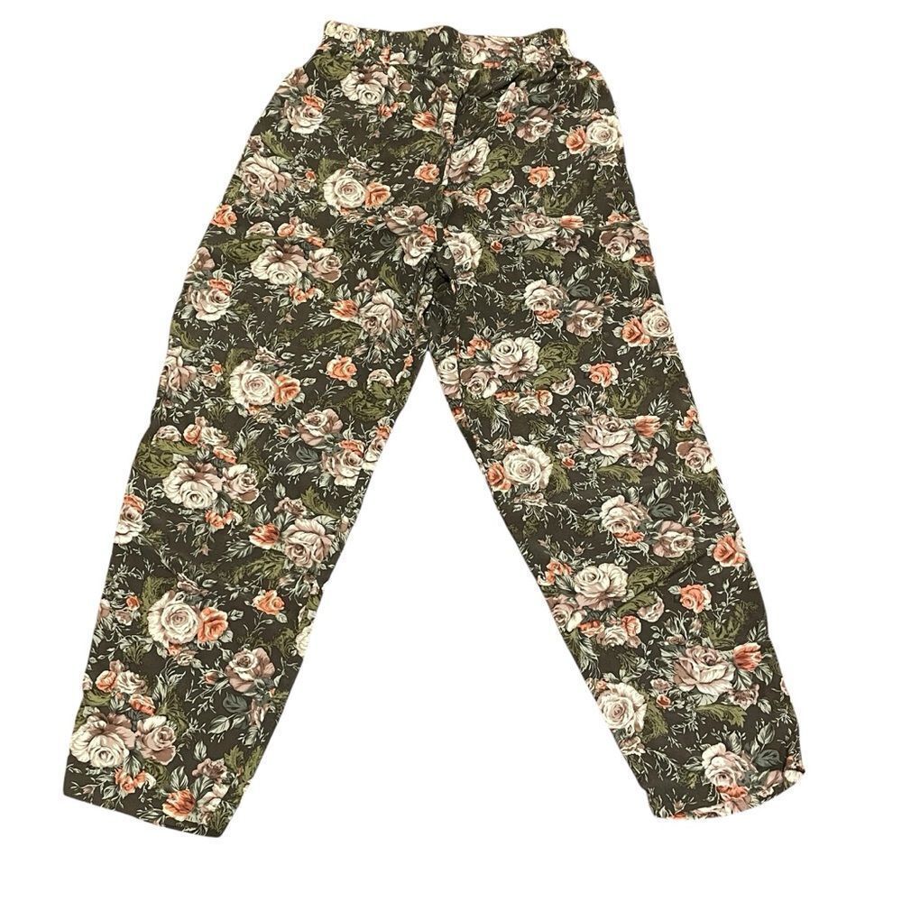 Vintage VUE High Waist Floral Lightweight Pants Olive Green Pink White Size XS